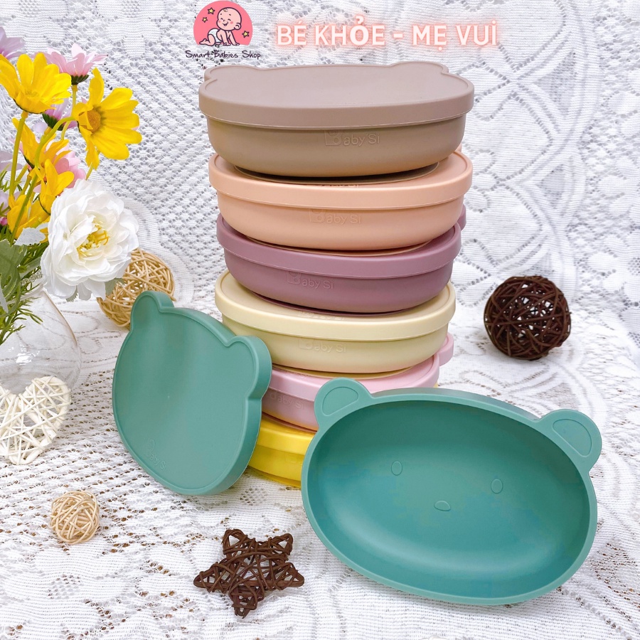 Bát ăn dặm silicone Gấu Baby'si, khay silicone ăn dặm cho bé có nắp và đế chống lật, Smart Babies Shop