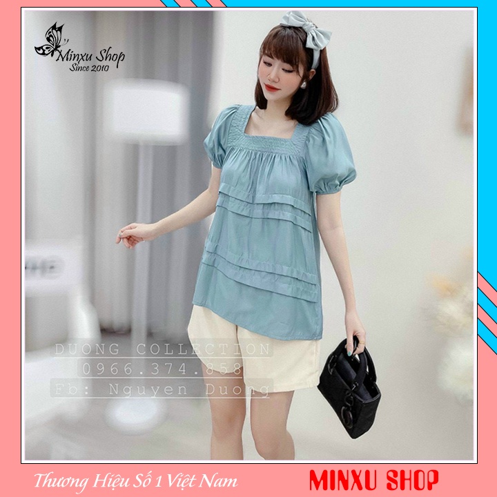 Set bộ nữ áo kiểu babydoll cổ vuông tay bồng phối quần short, thời trang nữ dự tiệc, dạo phố Minxu Shop SE07