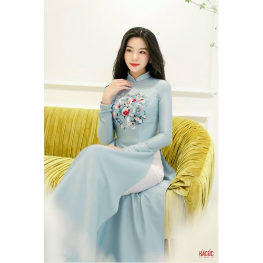 Áo Dài Truyền Thống Xanh Ngọc Thêu Kết Chất vải Lụa mặc mát trong mùa hè phù hợp cho đi tiệc đi tiệc đi chơi