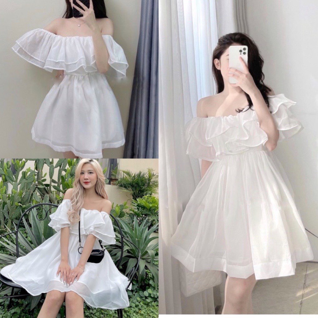 Váy trắng trễ vai bèo tầng V49M- Đầm babydoll công chúa xòe bồng bềnh chất voan 2 lớp phong cách ulzzang hàn quốc