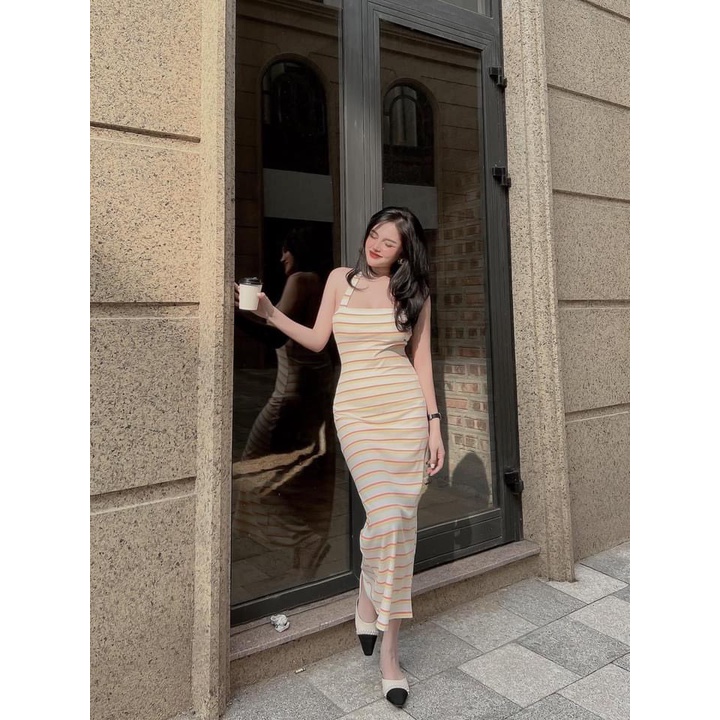 Đầm Body Sọc Ngang 1 Dây Choàng Cổ Chất Thun Gân Thích Hợp Mặc Đi Tiệc Đi Làm Đi Chơi