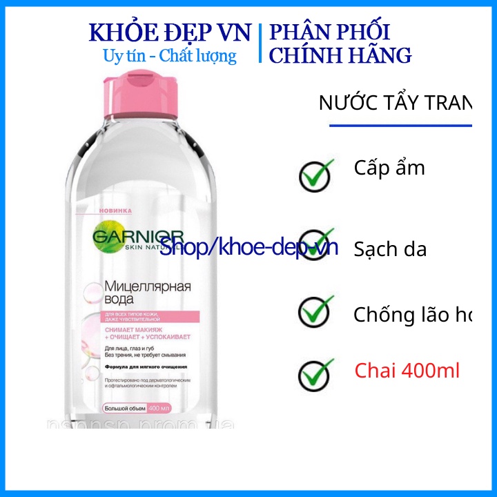 Nước tẩy trang GARNIER Nga không cồn an toàn cho mọi loại da – Chai 400ml