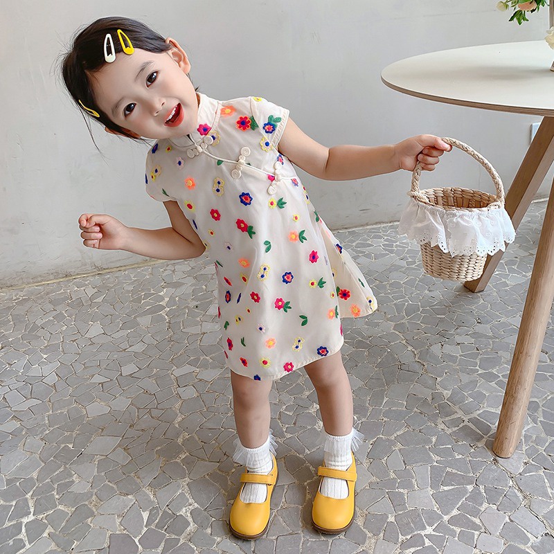 Đầm Sườn Xám Tay Ngắn In Hoa Kiểu Hàn Quốc Thời Trang Mùa Hè Se7en Cho Bé Gái