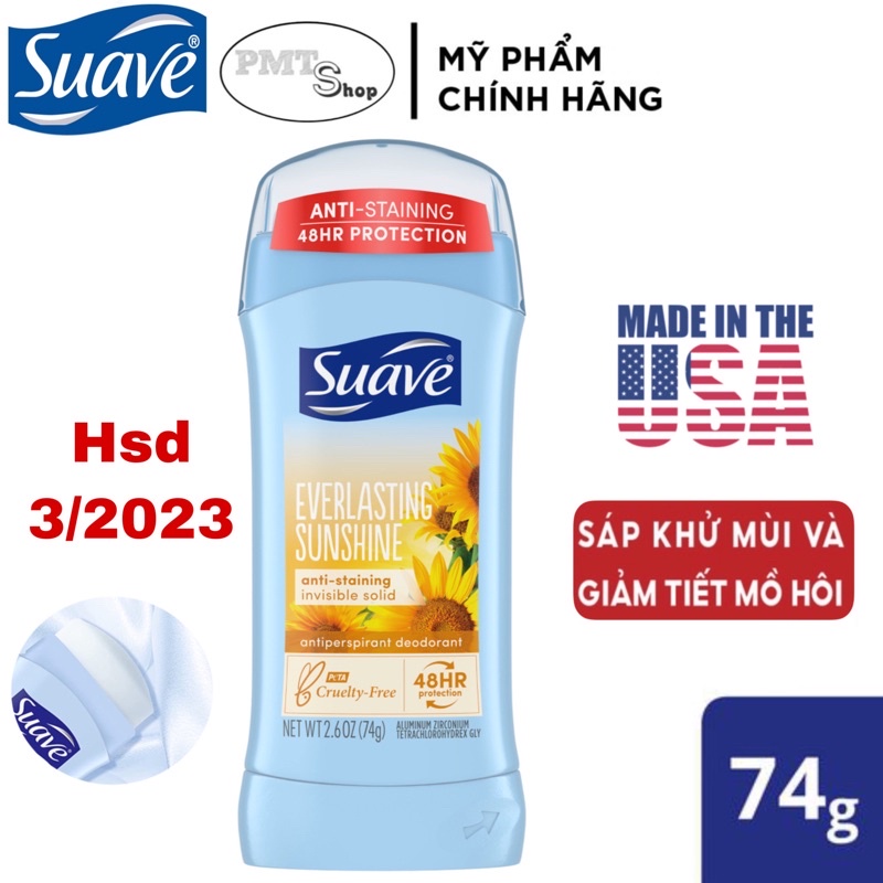 Lăn sáp khử mùi nữ Suave Everlasting Sunshine Invisible Antiperspirant Deodorant Stick 74g