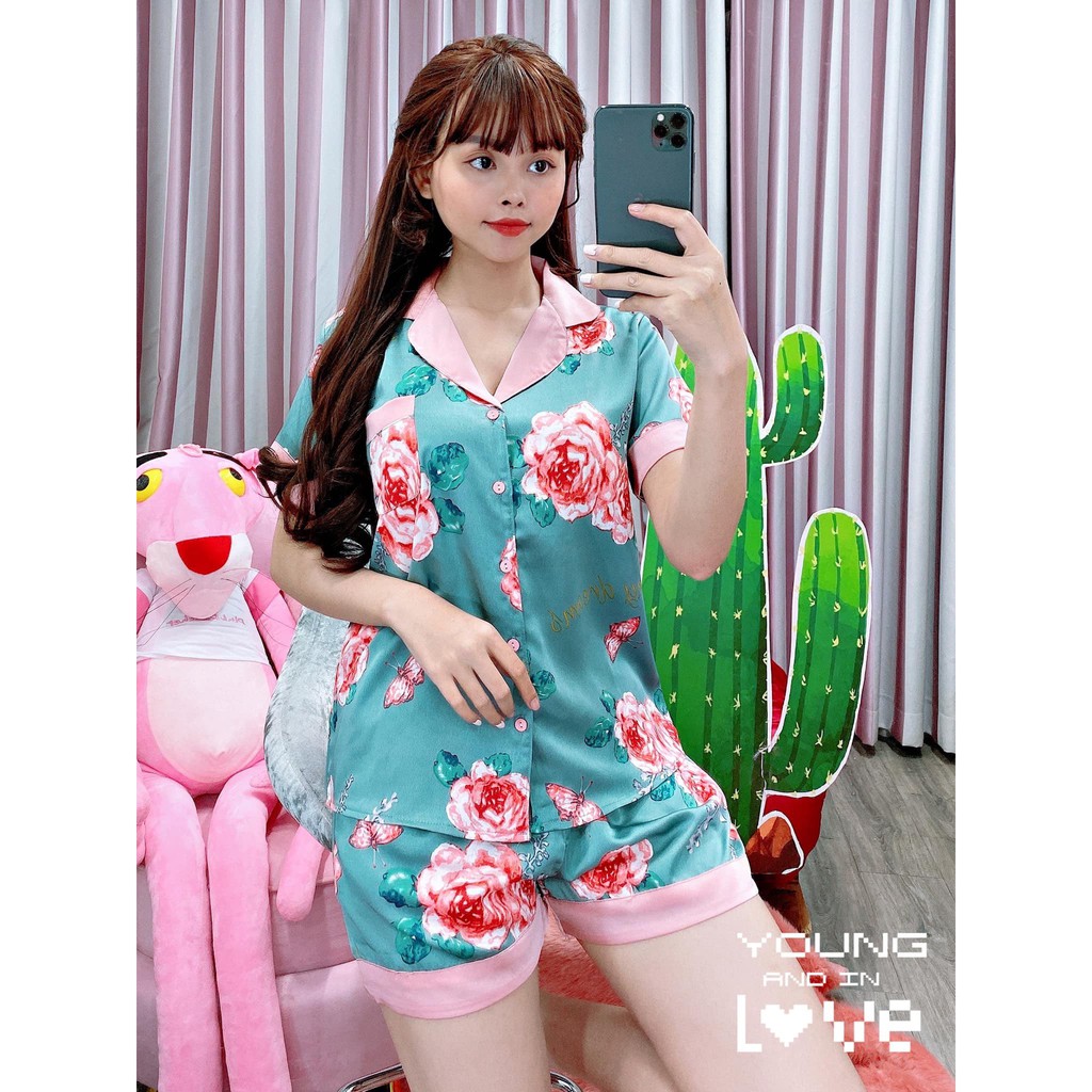 Đồ Bộ Pijama Satin Tay Ngắn Quần Đùi Họa Tiết Dễ Thương Dưới 60KG P1