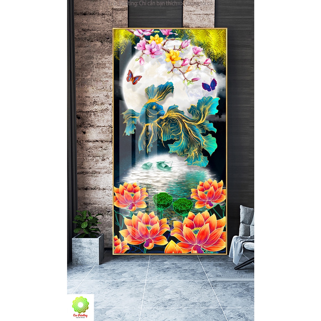 "Tranh cá chép hóa rồng" đẹp, sang trọng tranh cá treo tường đứng kích thước 35x70cm; 40x80cm;50x100cm;60x120cm có khung