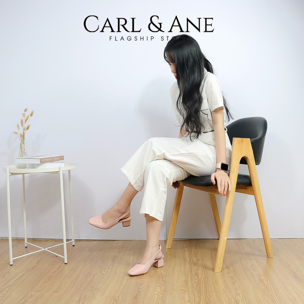 Carl &amp; Ane - Giày cao gót  thời trang mũi vuông phối dây quai mảnh cao 5cm màu kem - EL016