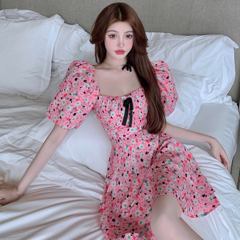 Đầm Tay Ngắn Cổ Vuông Họa Tiết Hoa Phong Cách Retro Cho Nữ