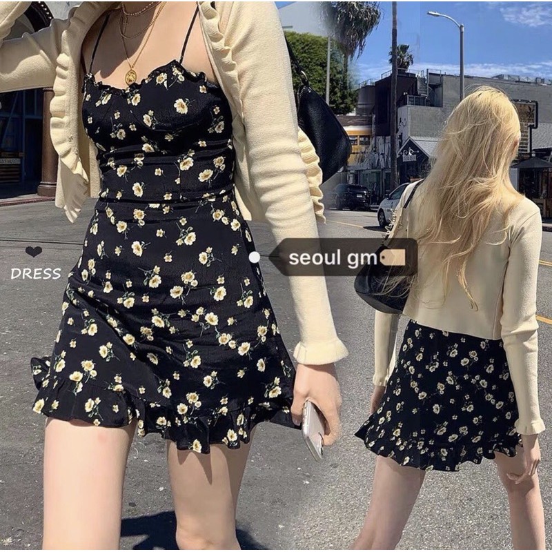 [Mã FATHANG5 giảm 10K đơn 50K] SET ĐẦM HOA ĐEN 2 DÂY LAI BÈO KÈM KHOÁC