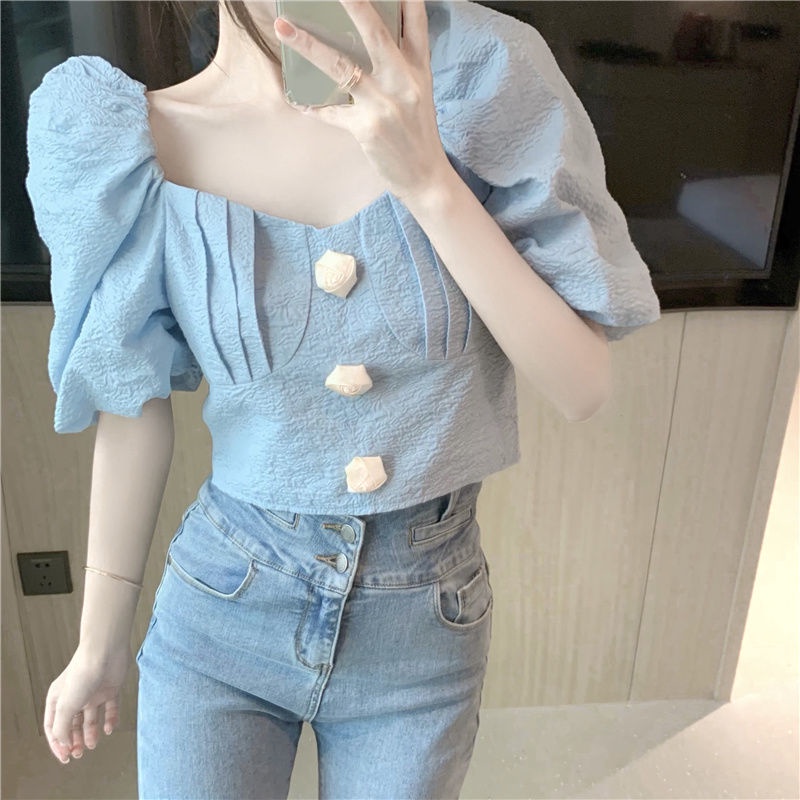 AMOI Áo Kiểu Cổ Vuông Tay Phồng Họa Tiết Sọc Caro Phong Cách Pháp Thời Trang Cho Nữ