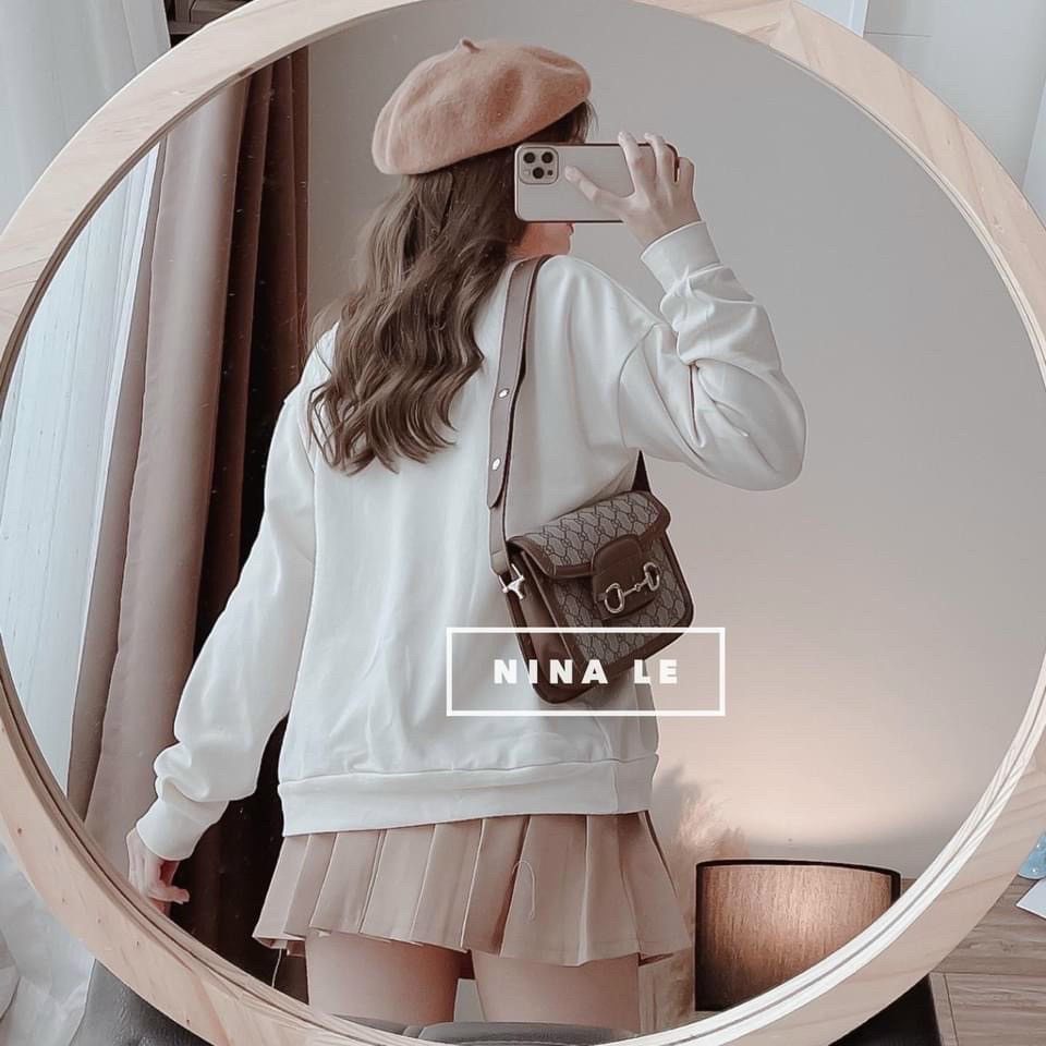 Set áo tay dài họa tiết con gấu mix chân váy xếp ly thời trang nữ siêu cute thích hợp với các nàng đi chơi, dự tiệc