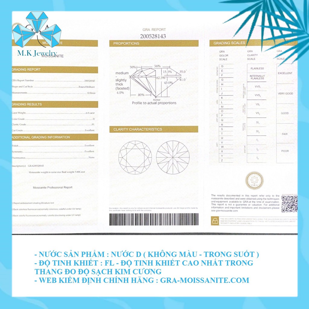 Kim cương nhân tạo Moissanite nước D - Độ tinh khiết FL. Full Kiểm định quốc tế GRA.