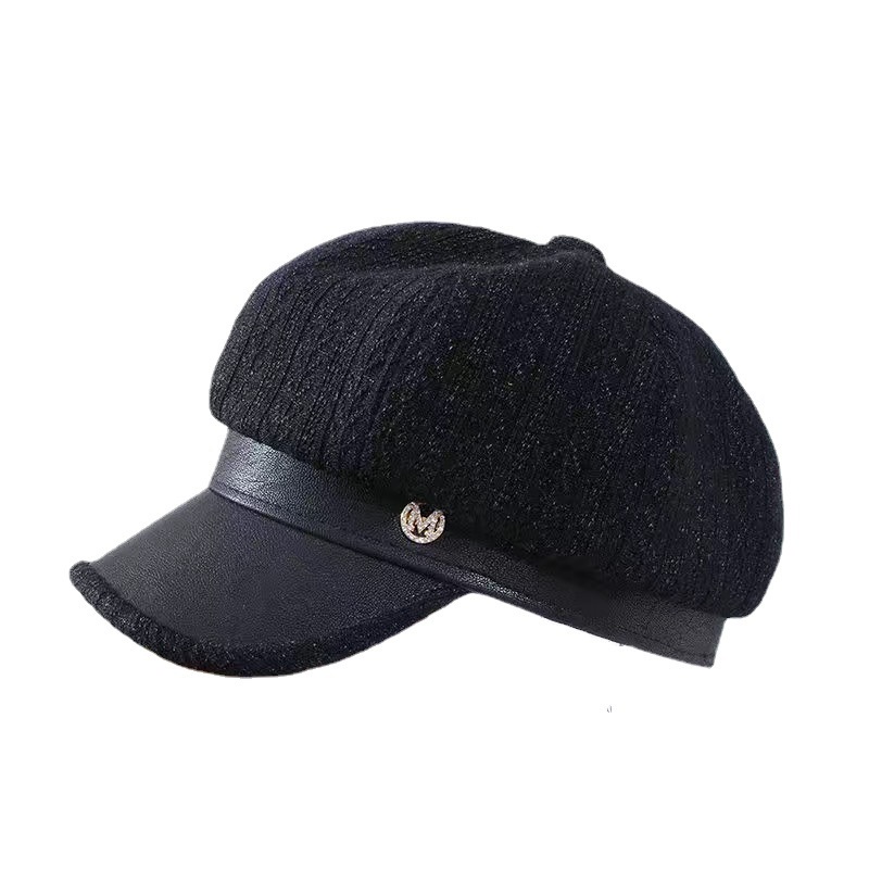 Mũ beret da PU họa tiết kẻ sọc thời trang retro cho nữ