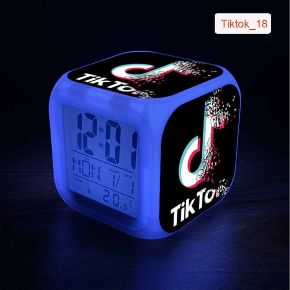 [Cute] Đồng Hồ Báo Thức Để Bàn in Hình Biểu Tượng Tiktok 2021 LED Đổi Màu. Hiển Thị Ngày Tháng, Nhiệt Độ. Tặng 4 Pin AAA