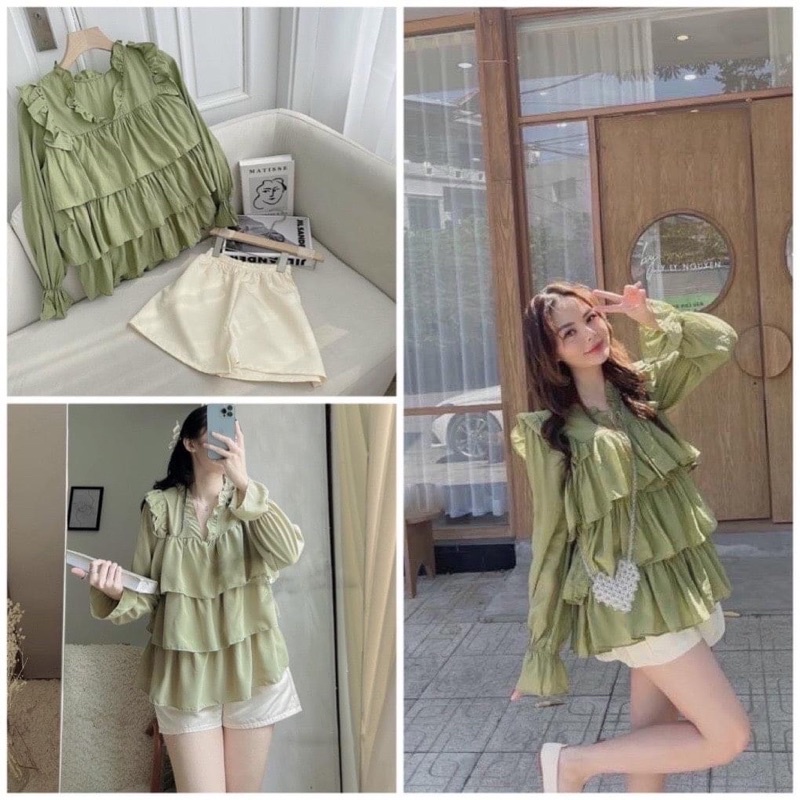 Set áo bèo tầng babydoll bánh bèo mix quần short tacta khoá kéo
