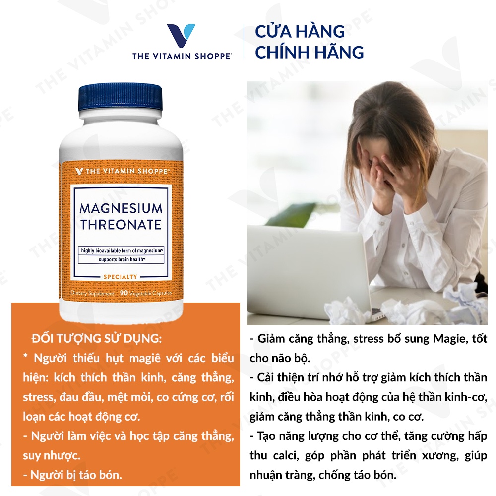 Viên uống hỗ trợ giảm căng thẳng, cải thiện trí nhớ THE VITAMIN SHOPPE Magnesium Threonate 90 viên