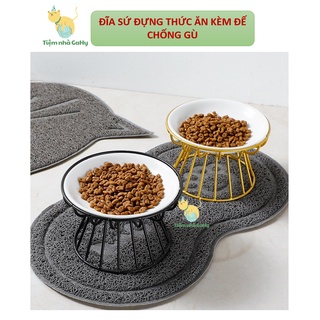 Đĩa sứ đựng thức ăn kèm đế chống gù cho cún mèo
