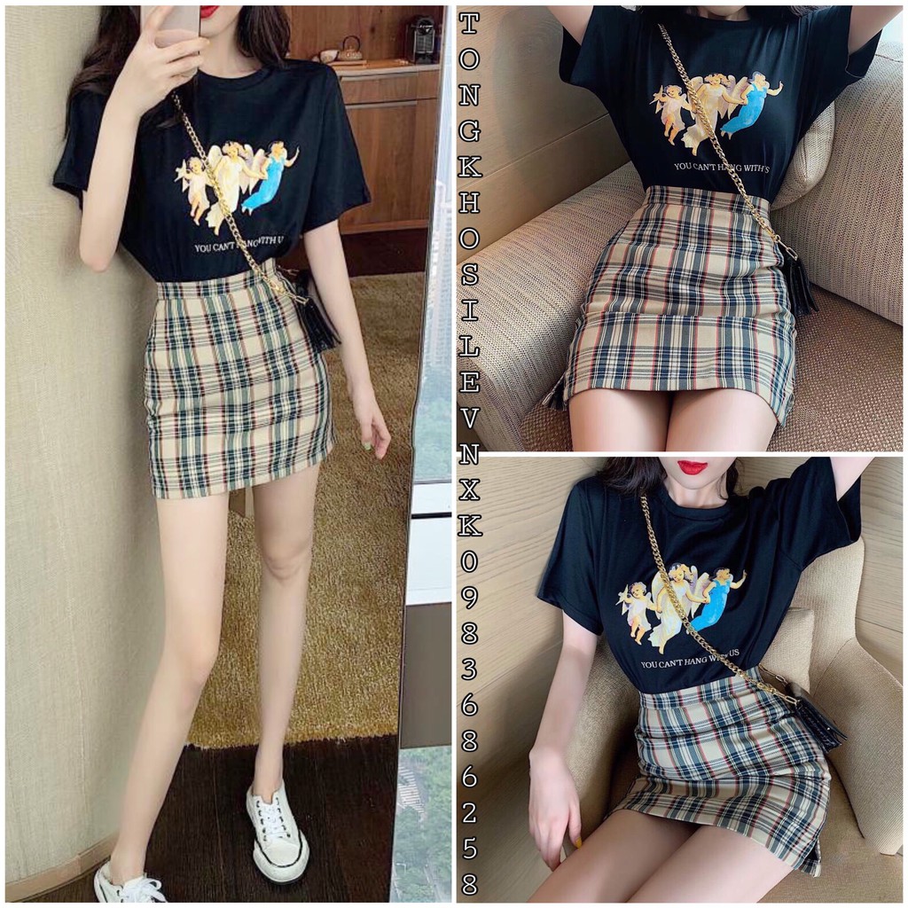 SET ÁO THUN ANGEL MÀU ĐEN MIX CHÂN VÁY CARO XẺ TÀ - QUẦN GIẢ VÁY CHỮ A + ÁO PHÔNG IN CHỮ