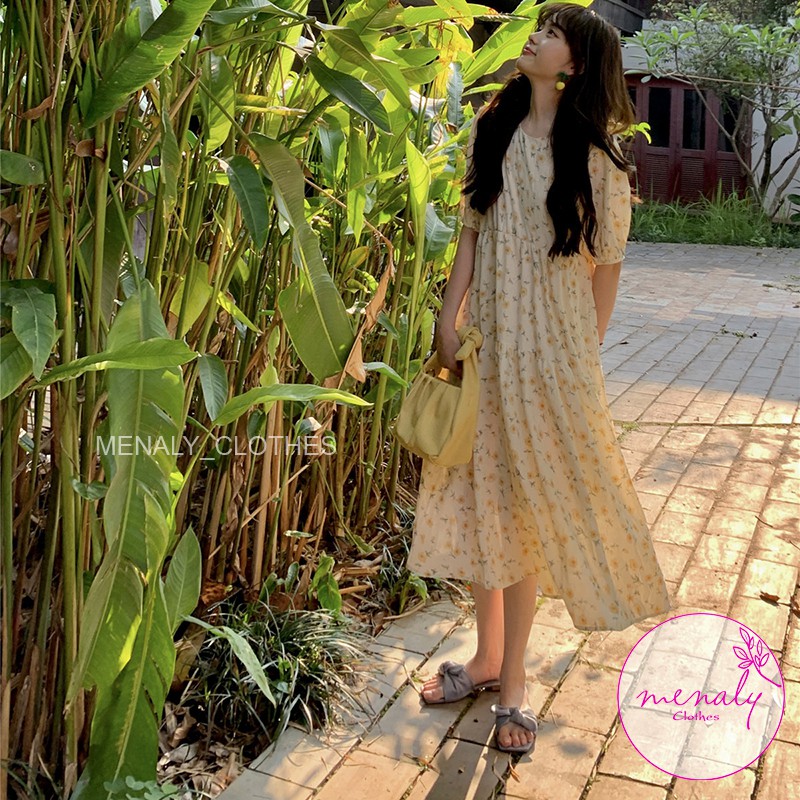 Váy babydoll hoa nhí cộc tay dáng đuôi cá dài qua gối ulzzang hàn quốc