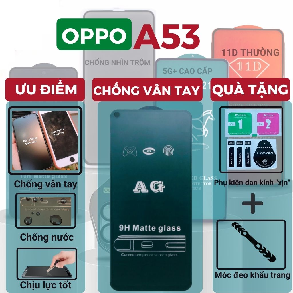 Kính cường lực Chống vân tay Oppo A53 Full màn hình - Chống bám vân tay và mồ hôi hiệu quả-Cảm ứng mượt mà [LEO STORE]