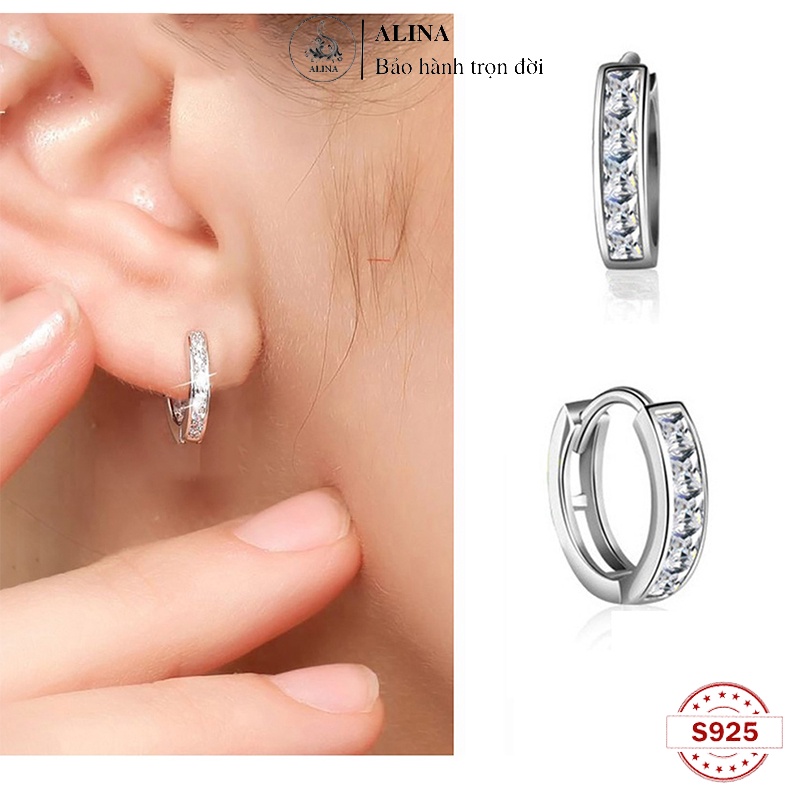 Khuyên Tròn Bạc 925 Dày 2.4mm Bấm Bật Đính Đá Đơn Giản Khoen Tròn Nam Nữ ALINA 1047