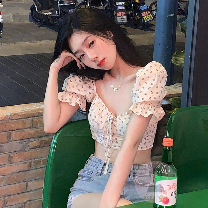 Áo Thun Tay Ngắn Phồng Cổ Chữ V In Hoa Thời Trang Mùa Hè Cho Nữ
