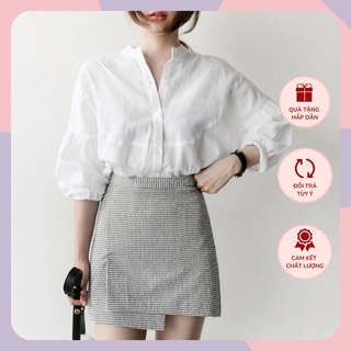 Áo sơ mi trắng tay bồng chân váy chữ A dáng xòe xếp ly WANAWEAR áo nữ tiểu thư set đồ bộ công sở