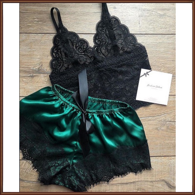 Bộ Đồ Ngủ 2 Món Áo Hai Dây Cổ Chữ V Phối Ren Và Quần Lót Ren Quyến Rũ Dành Cho Nữ