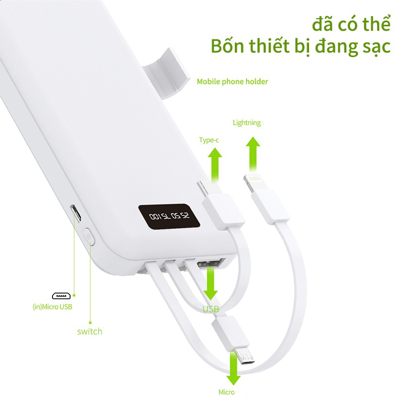 Pin sạc dự phòng di động S16 10000mAh sạc nhanh gọn có màn hình điện tử cáp sạc đỡ giá đỡ đhợp cho Android iOS iPhone