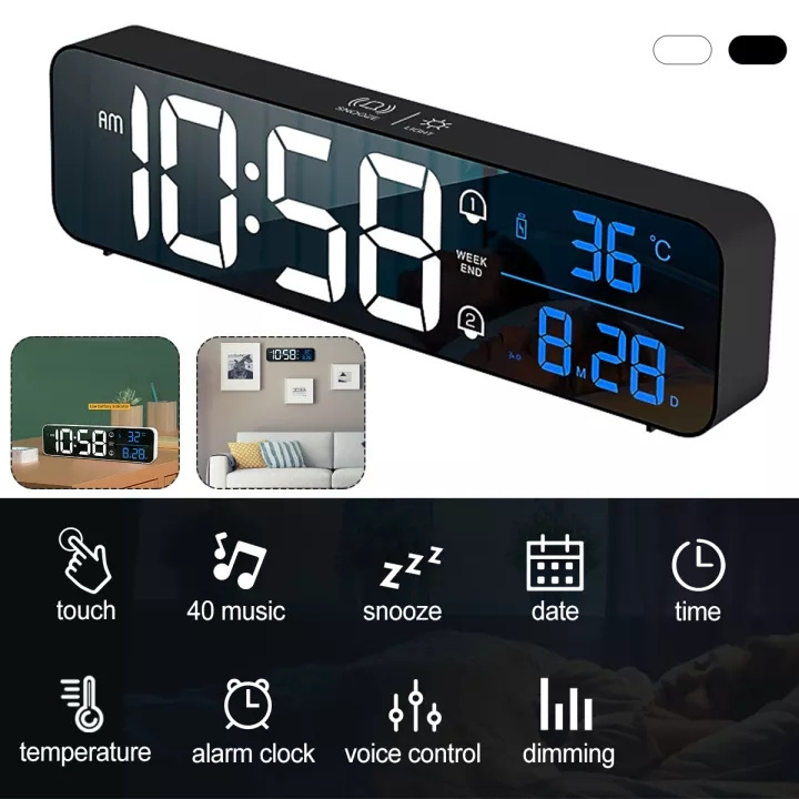 [LED Digital Display Music Alarm Clock][LED Mirrored Clock With Temperature Thermometer&amp;Calendar][Fashion Digital Clocks For Home Living Room Bedroom Office Wall Decoration]