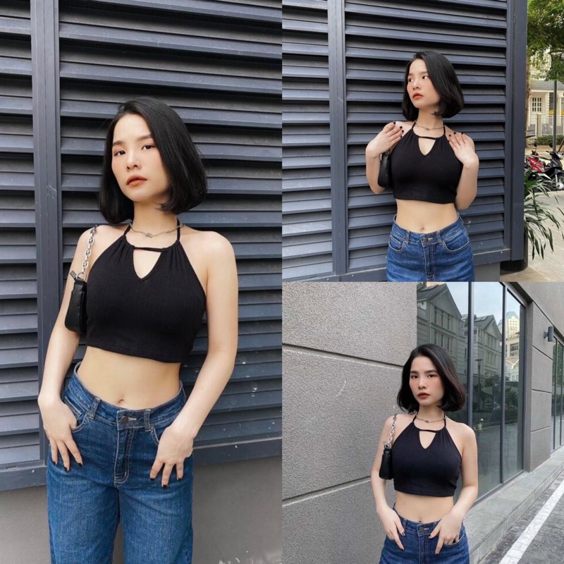 Áo croptop thun gân mỏng cổ yếm phong cách cá tính Aimee closet