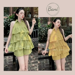 Set bộ đũi gân áo sát nách cổ sơ mi 3 tầng bèo mix quần sooc đùi freesize bani