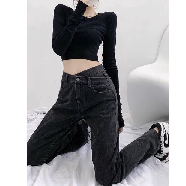 Quần Jean Ống Suông Lưng Cao Lệch Chéo Cạp Ullzzang Hot Taobao Order Chất Bò Xanh Nhạt haiquang MSC10