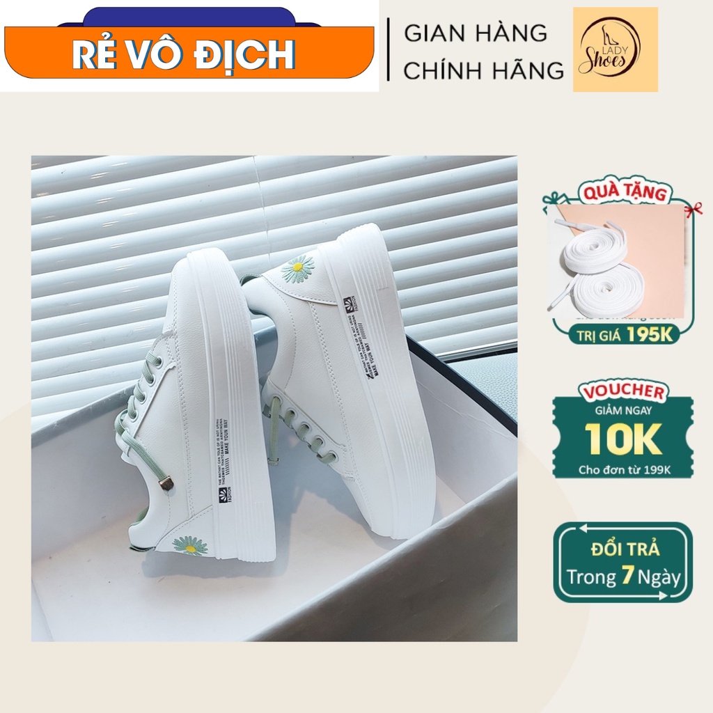 giày thể thao nữ đế cao sneaker màu trắng thêu hoa phong cách