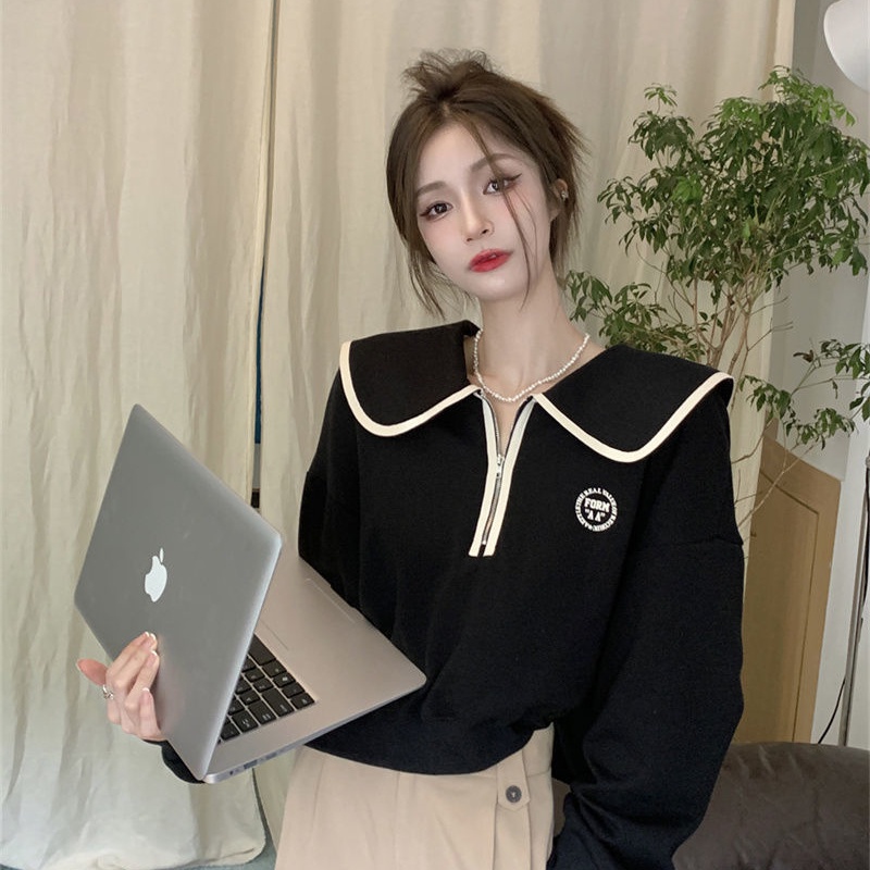 Áo sweater COZOKC tay dài cổ búp bê dáng rộng thời trang xinh xắn cho nữ