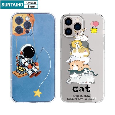 Ốp lưng Suntaiho TPU trong suốt cạnh vuông hình phi hành gia /mèo cho IPhone 13 12 11 ProMax X Xs Max XR 8 7 6 6S Plus