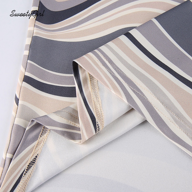 Đầm mini cổ chữ V hở lưng ôm dáng in họa tiết kẻ sọc thời trang cho nữ