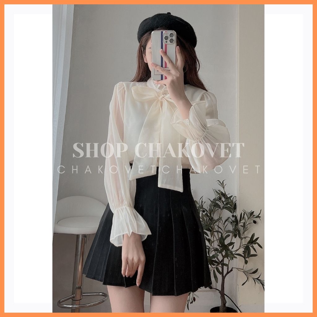 Áo sơ mi voan tiểu thư ulzzang hàn quốc 2 lớp A8163 cúc ngọc dễ thương cổ thắt nơ tay phồng bo chun siêu xinh sang chảnh