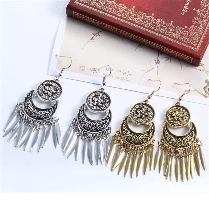 Khuyên tai bohemian dạng thả in hoa văn dân tộc - Maben