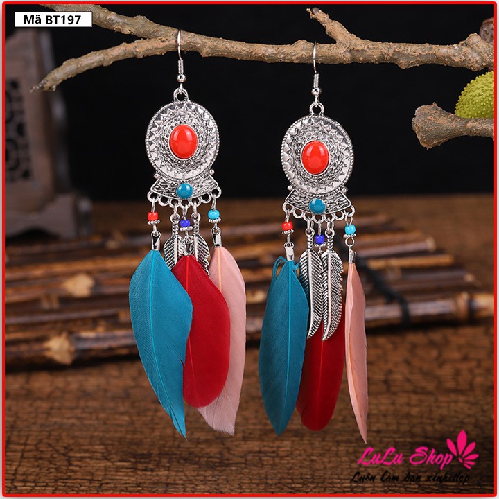 Hoa tai Vintage Retro lông vũ phong cách dân tộc, khuyên tai chụp kỉ yếu - Khuyên tai đi biển BT197