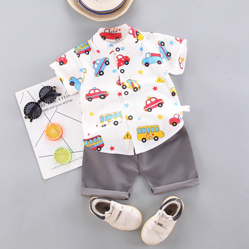 Trang phục  gồm áo thun tay ngắn in hình xe hơi hoạt hình và quần cho bé trai 0-4 tuổi