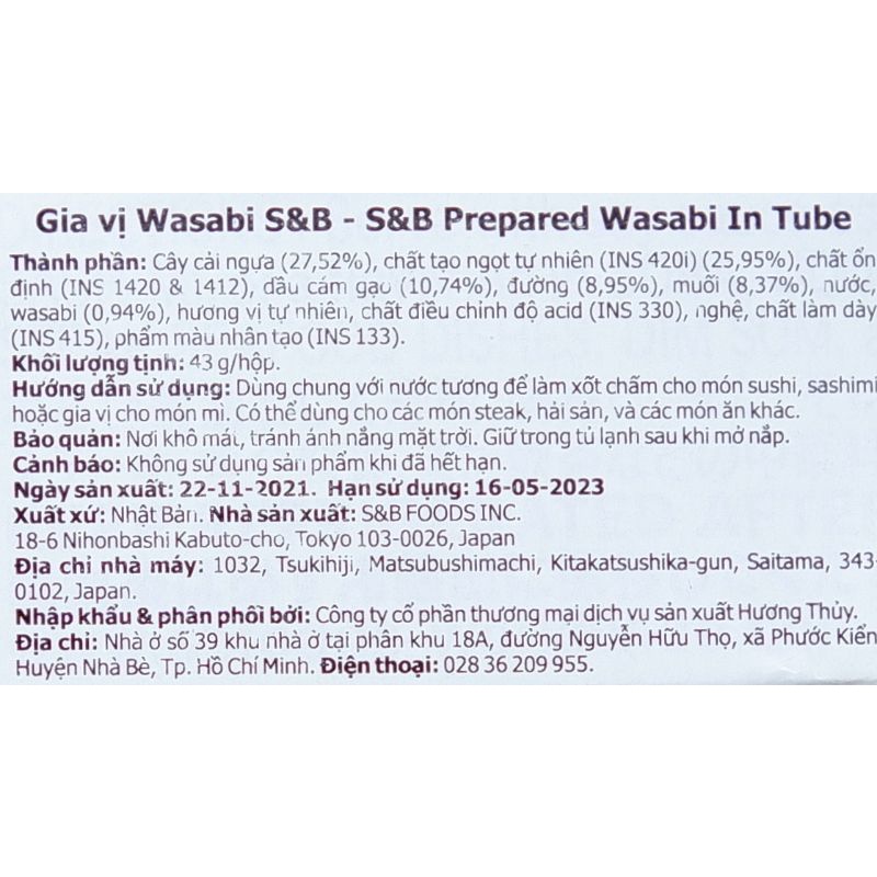 Mù tạt xanh Wasabi S&amp;B 43g nhập khẩu Nhật