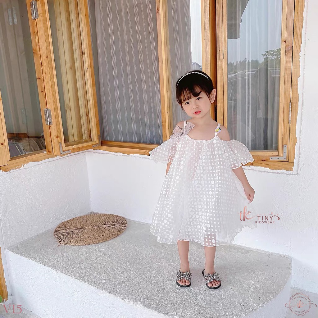Váy Đầm Voan Trắng Chấm Bi Trễ Vai Cho Bé Gái Từ 10-18kg [V15]