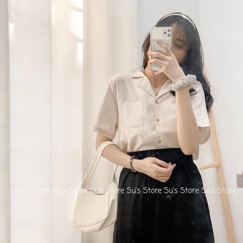 Áo sơ mi nữ cộc tay cổ vest size 2 S M màu be trắng chất đũi siêu mát mặc cực xinh xắn mặc mùa hè siêu đỉnh | BigBuy360 - bigbuy360.vn