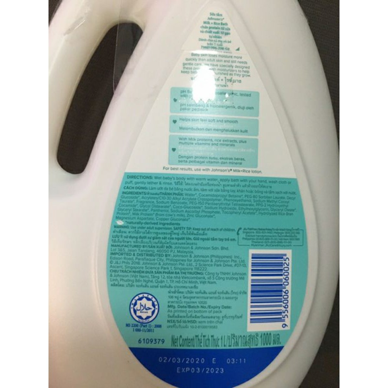 Sữa tắm Johnson's Baby chứa sữa , gạo, yến mạnh cho bé 1000ml và 200ml