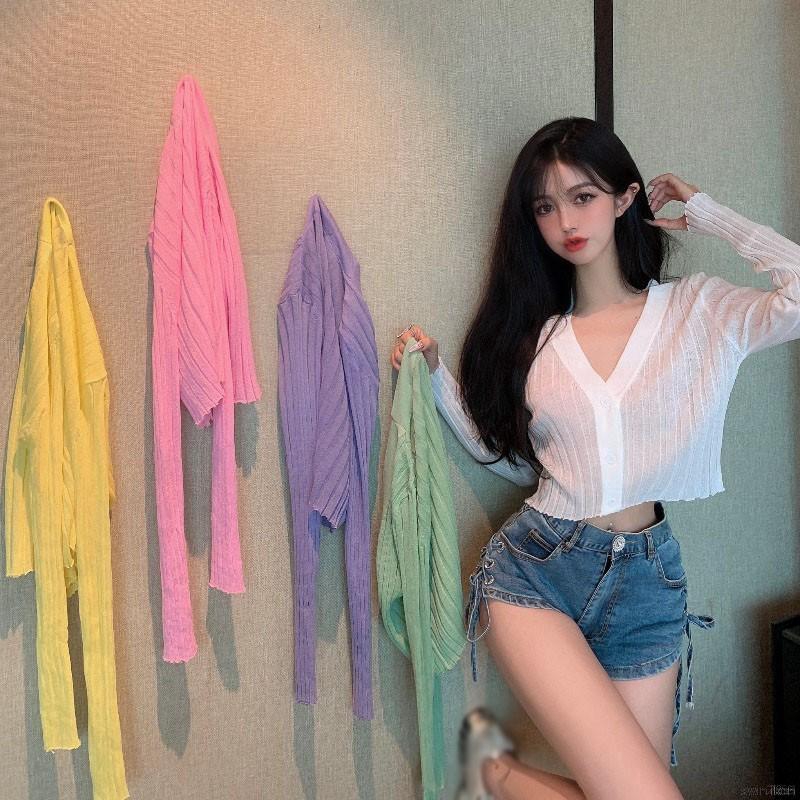 Áo Khoác Cardigan Áo Croptop Dệt Kim Tay Dài Cổ Chữ V Phối Nút Cho Phái Nữ Áo Nữ