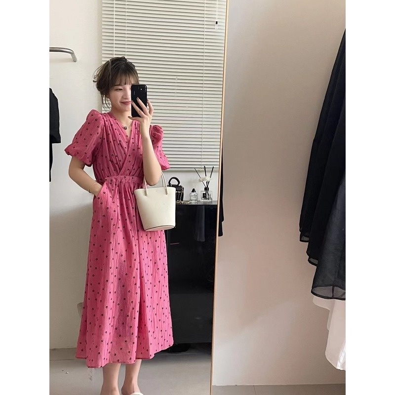 Đầm Voan Tay Ngắn Phồng Cổ Chữ V Nhấn Eo In Họa Tiết Thời Trang Mùa Hè Kiểu Pháp 2022 Mới