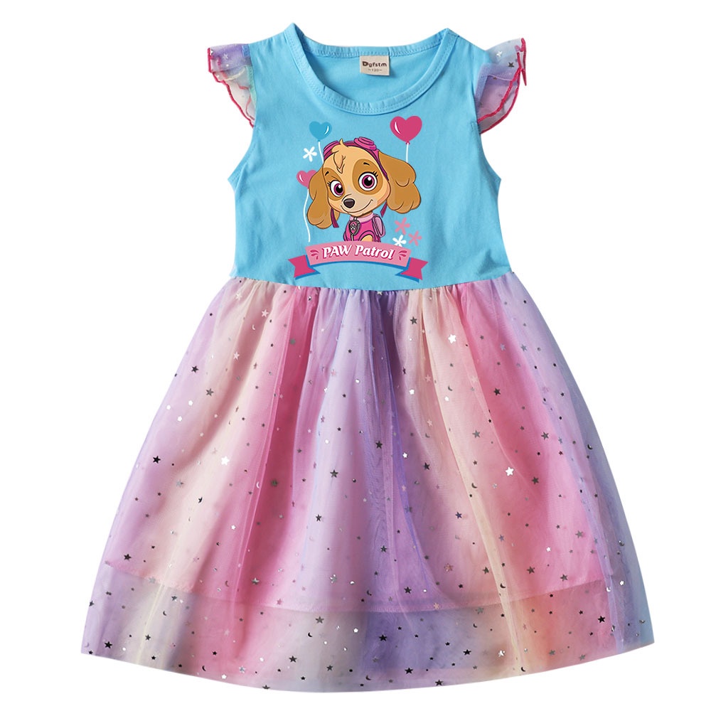 Đầm Hoạt Hình Paw Patrol Phối Kim Sa Tay Ngắn Màu Cầu Vồng Cho Bé Gái