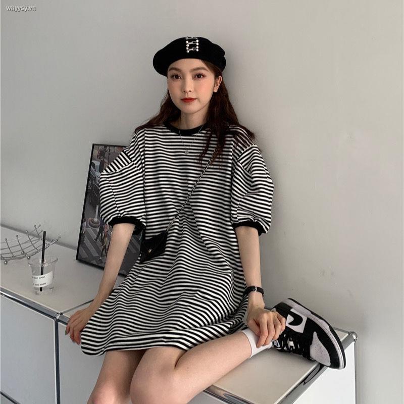 Đầm Thun Tay Phồng Dáng Rộng Họa Tiết Kẻ Sọc Phong Cách Thời Trang Mới