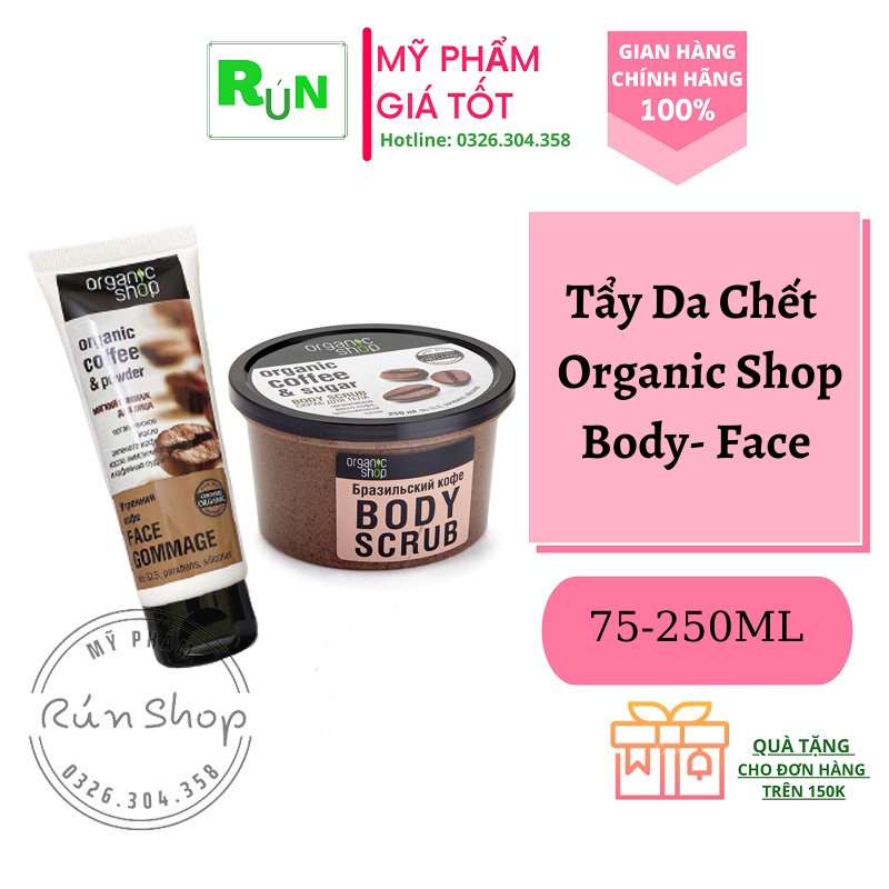 Bộ Sản Phẩm Tẩy Da Chết Body Cafe Organic Shop Crub - Lấy sạch lớp da chết trả lại làn da sáng - Hương cafe